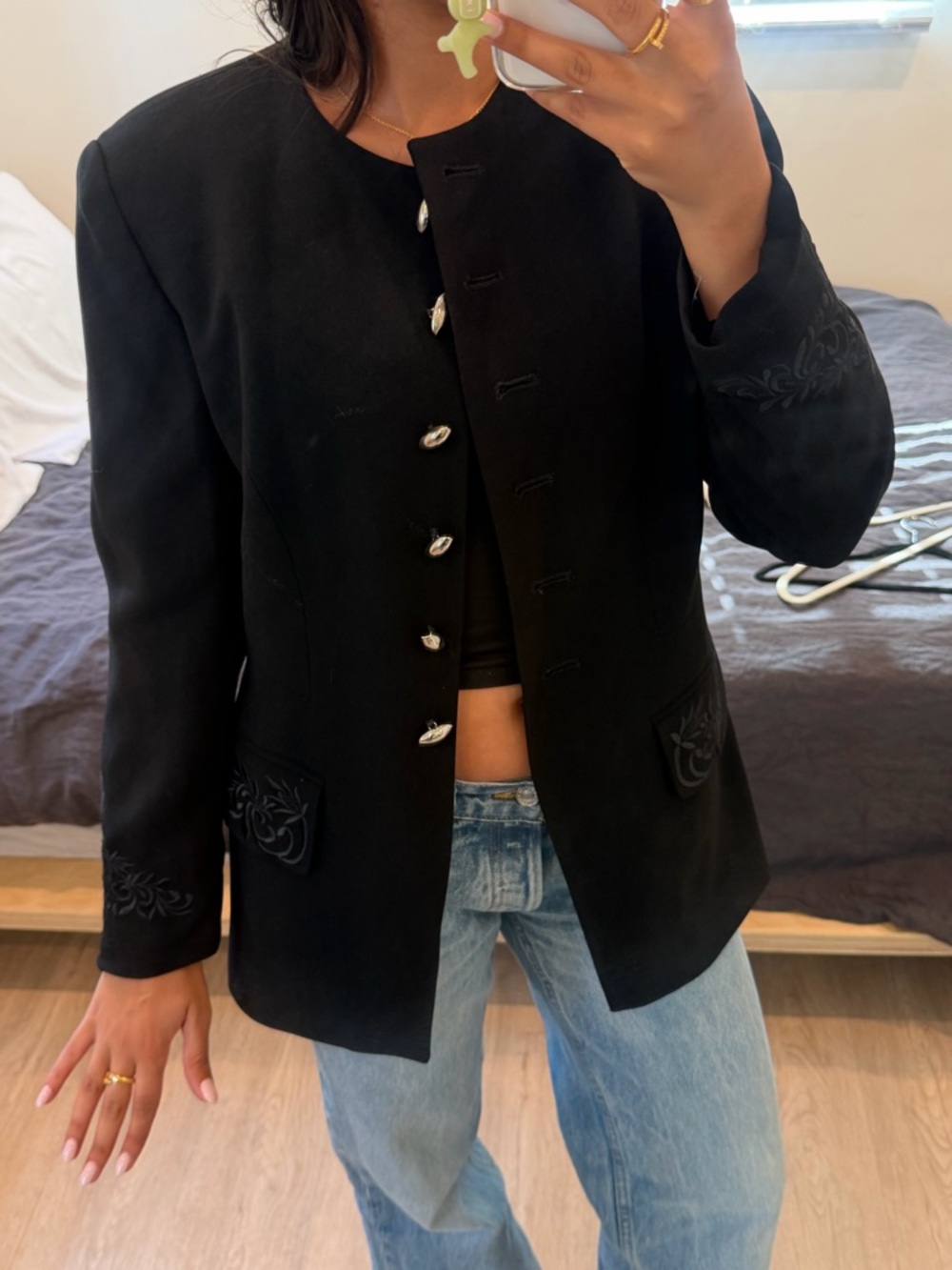 Vintage Jones New York Black Embroidered Collarless Blazer with Silver Buttons